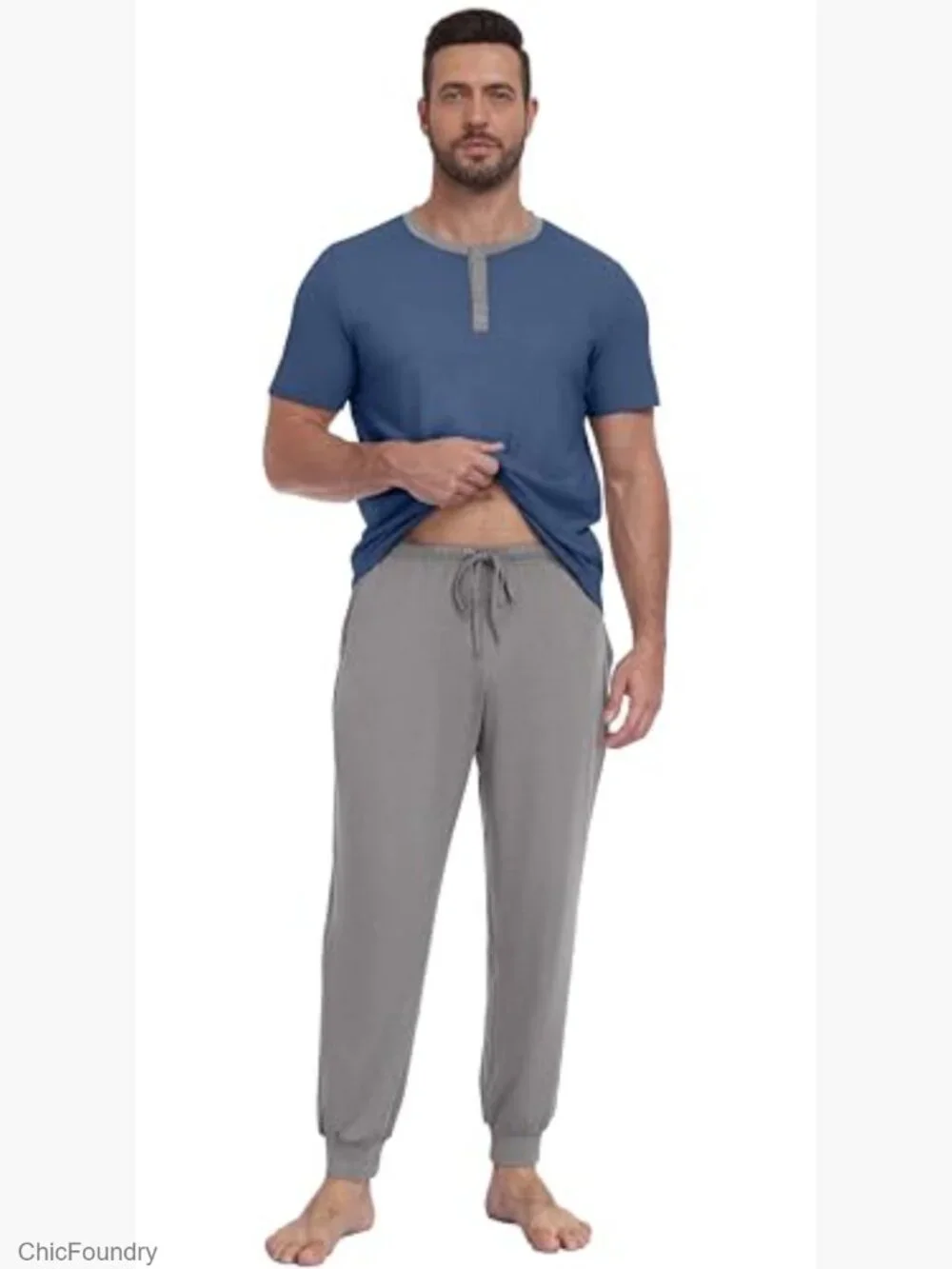Men's 2-Piece Pajama Set Short Sleeve Henley Loungewear with Pockets